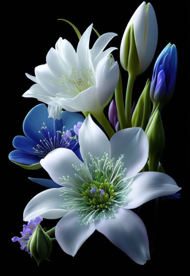 Colorful Bouquet of White Lilies, Blue Blooms, and Purple Accents on Black Background