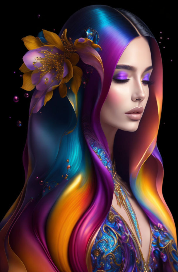 Multicolored flowing hair woman with golden flower accessory in purple attire on dark backdrop