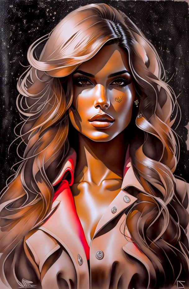 Detailed Illustration: Woman with Brown Hair in Red-Black Outfit on Starry Background