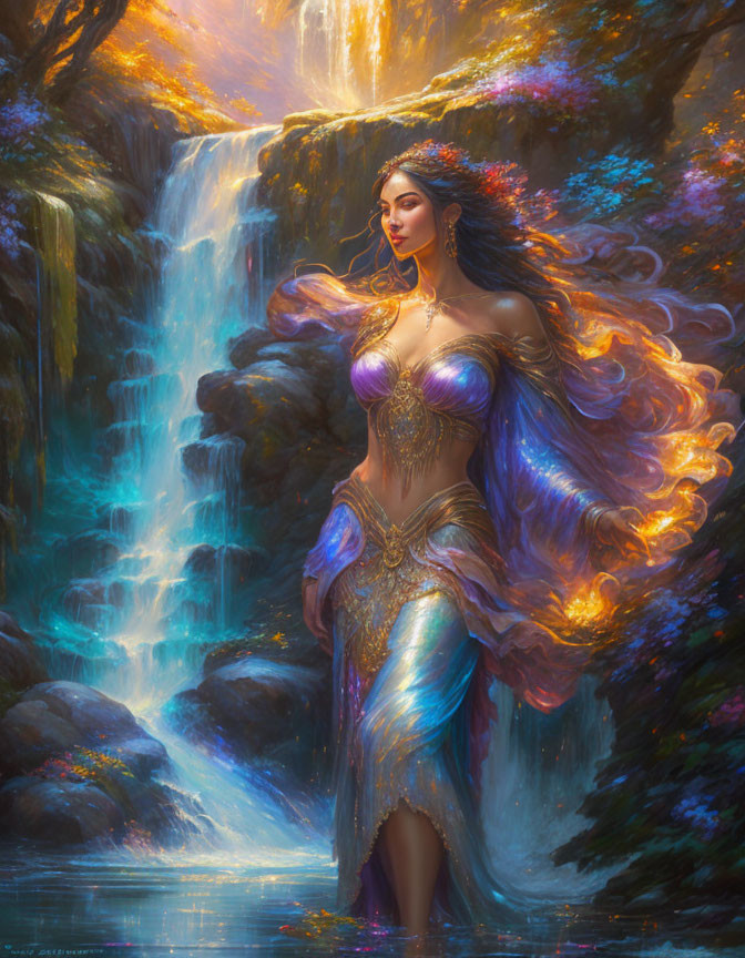 Mystical woman with flowing hair at majestic waterfall