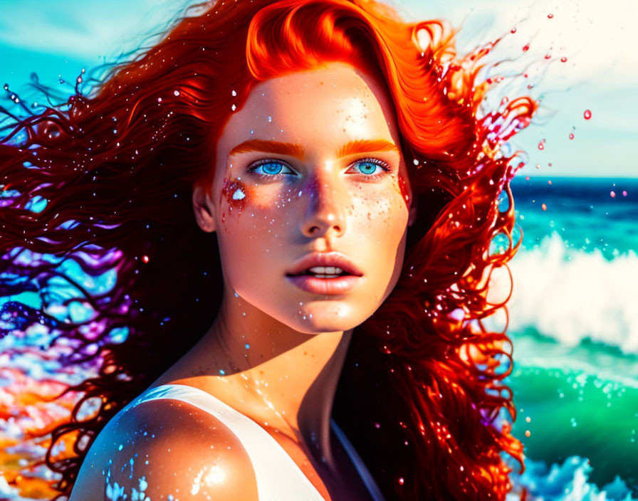 Digital Artwork: Woman with Red Hair, Blue Eyes, Freckles, Ocean Background