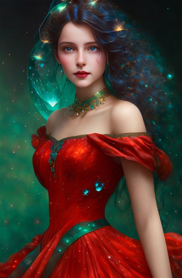 Digital artwork: Woman with blue eyes, red dress, gold accents, navy blue hair with stars.