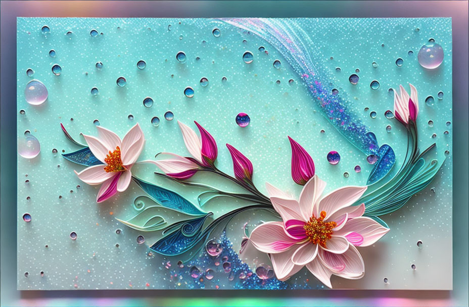 Colorful digital artwork: Stylized flowers with dewdrops on gradient background.