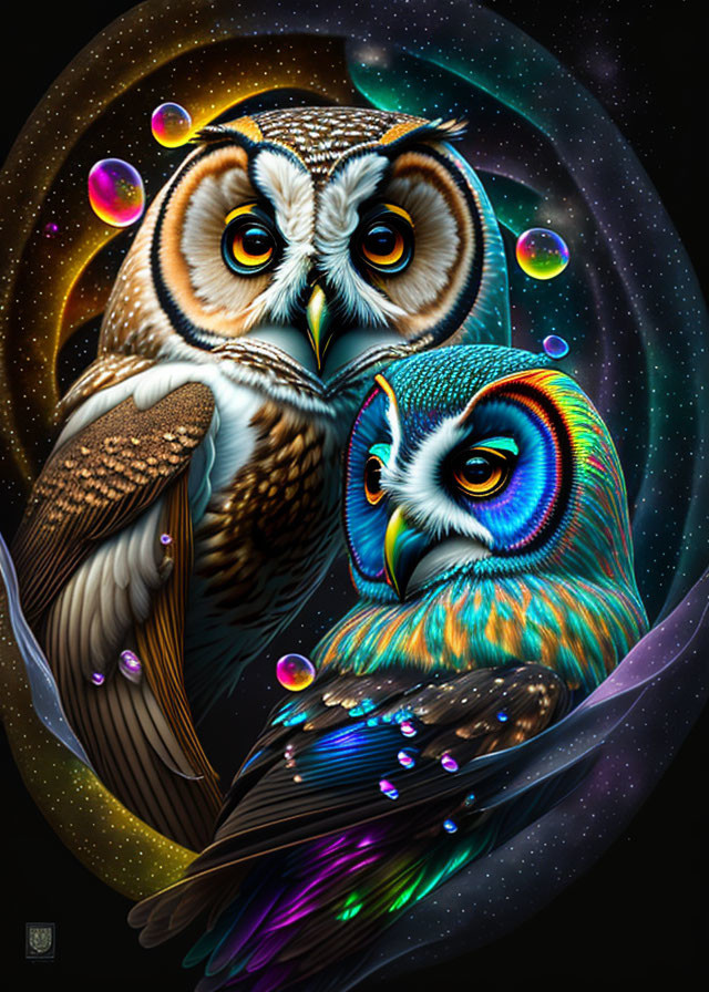 Colorful Stylized Owls Surrounded by Cosmic Background