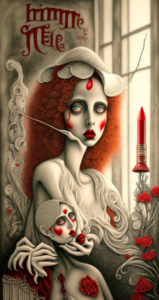 Pale woman with red eyes and lips holding smaller version among red roses with "Krimson Nelle