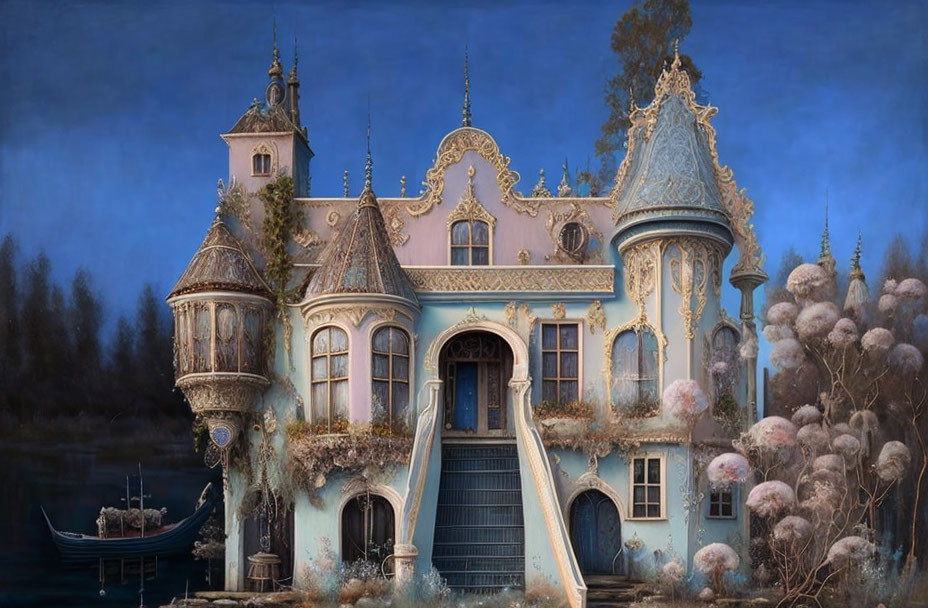 Pastel-colored fantasy mansion by calm lake with intricate designs and fluffy white flora under twilight sky