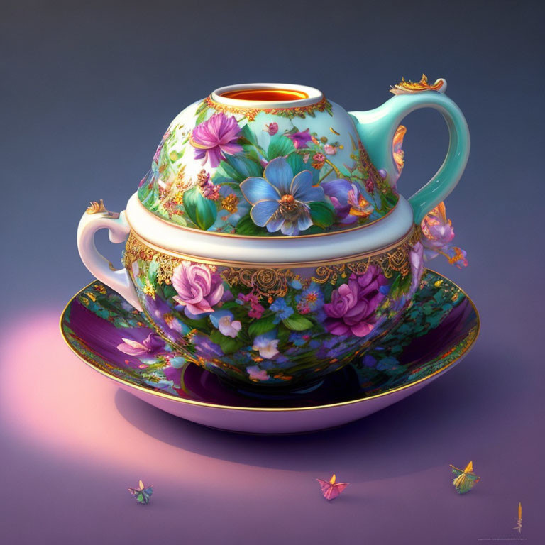 Colorful Floral Teapot and Saucer with Butterfly Design