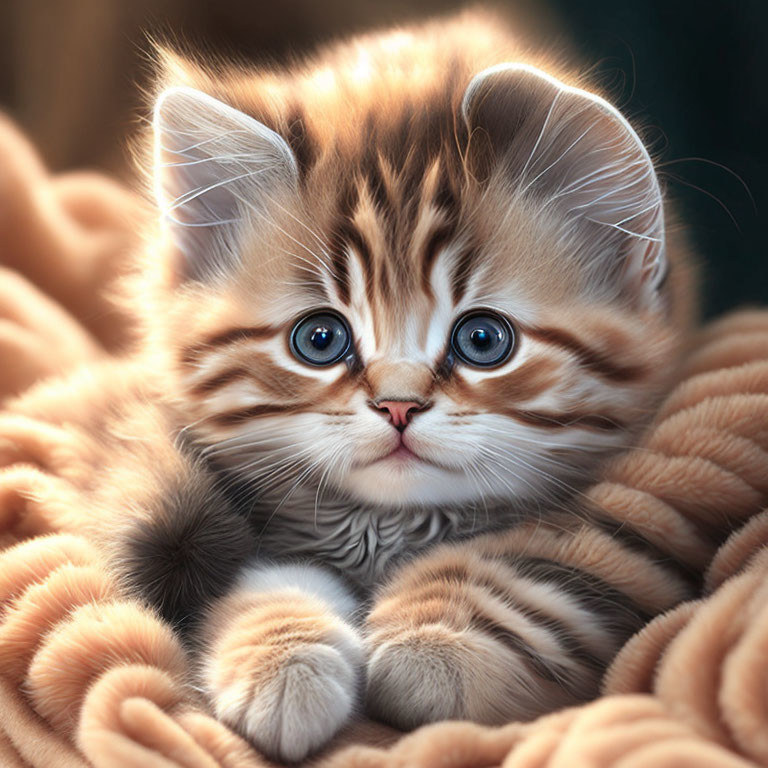 Brown Tabby Kitten with Blue Eyes on Beige Blanket