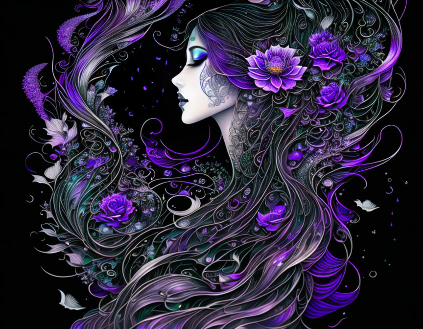 Detailed woman illustration with floral motifs on dark purple background