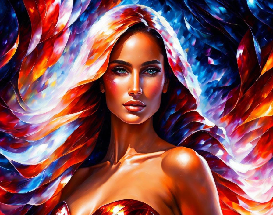 Colorful digital artwork: Woman with flame-like hair in red, orange, and blue, intense gaze