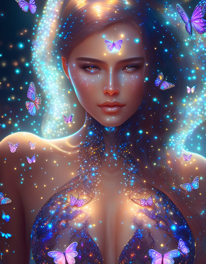 Digital artwork: Luminescent woman with glowing butterflies in celestial setting