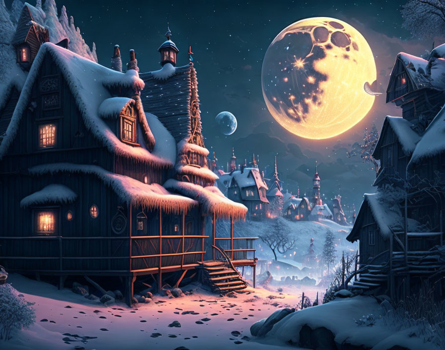 Snowy Village at Night: Cozy Houses, Full Moon, Wintry Atmosphere