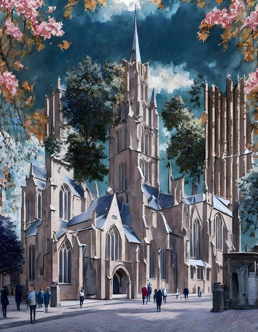 Gothic cathedral illustration with people, pink blossoms, and dark blue sky