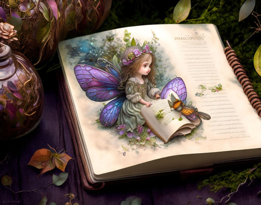 Colorful fairy reading book surrounded by flowers and butterfly