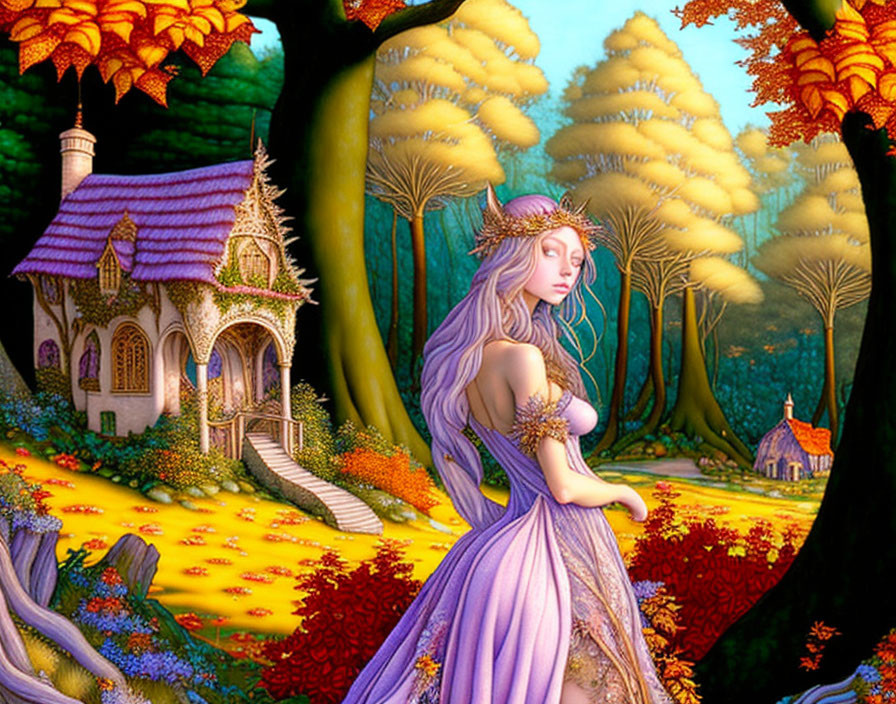 Woman in purple dress in serene fantasy scene by vibrant autumn forest.