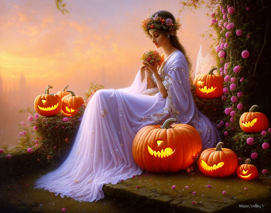 Woman in white dress with flower crown on pumpkins at twilight with jack-o'-lanterns