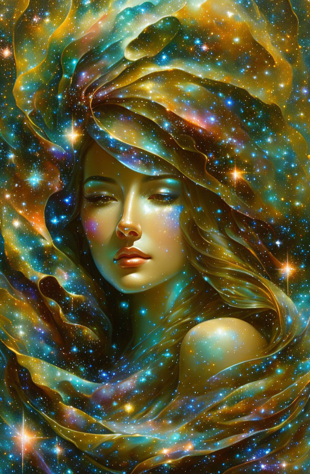 Woman with flowing hair merging with vibrant galaxy and sparkling stars around serene expression.