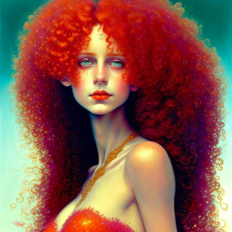 Portrait of person with voluminous red hair, blue eyes, and freckles on teal backdrop