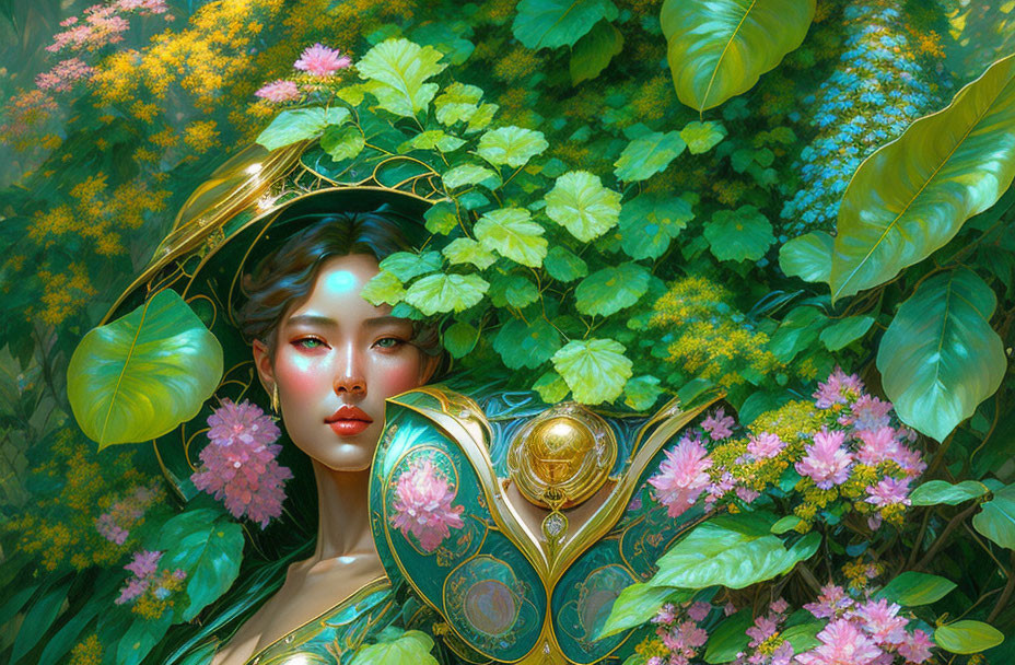 Mystical woman with golden halo and armor in lush greenery