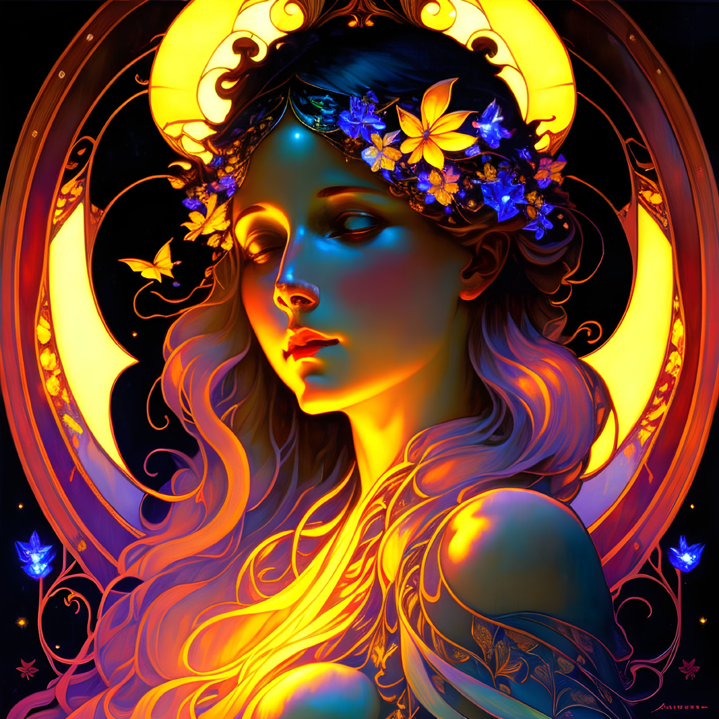 Ethereal woman with blue flower crown in luminous portrait