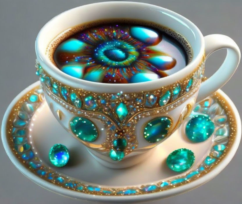 White ornate coffee cup and saucer with jewel-adorned intricate designs and colorful psychedelic pattern.