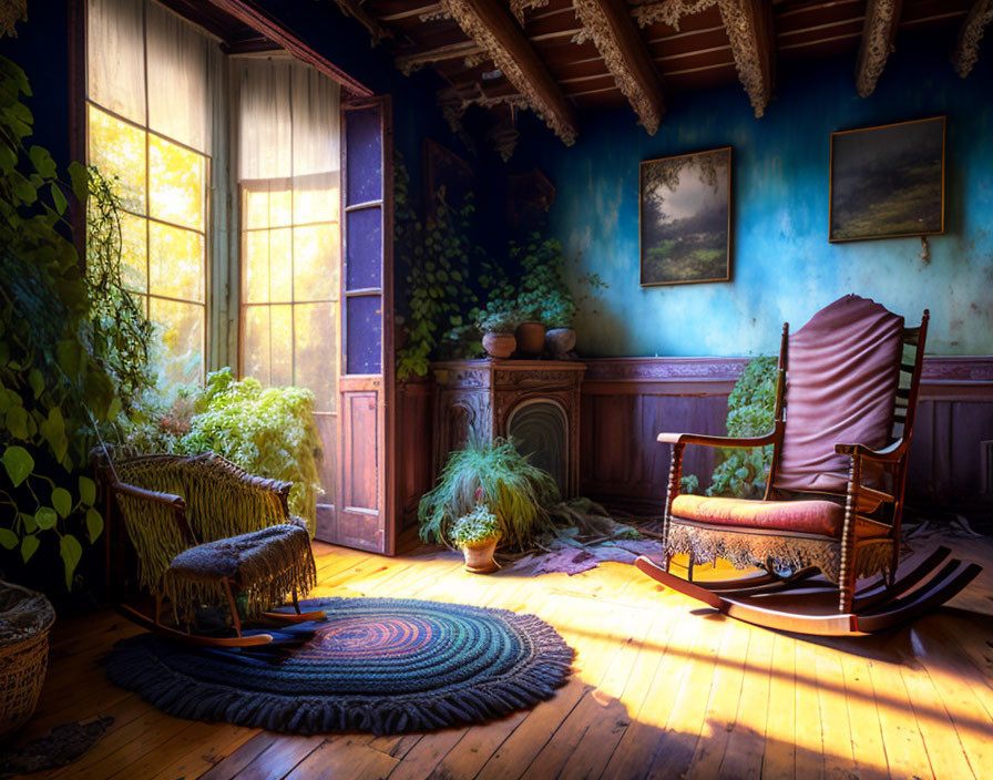 Sunlit Rustic Room with Rocking Chair, Plants & Vintage Decor