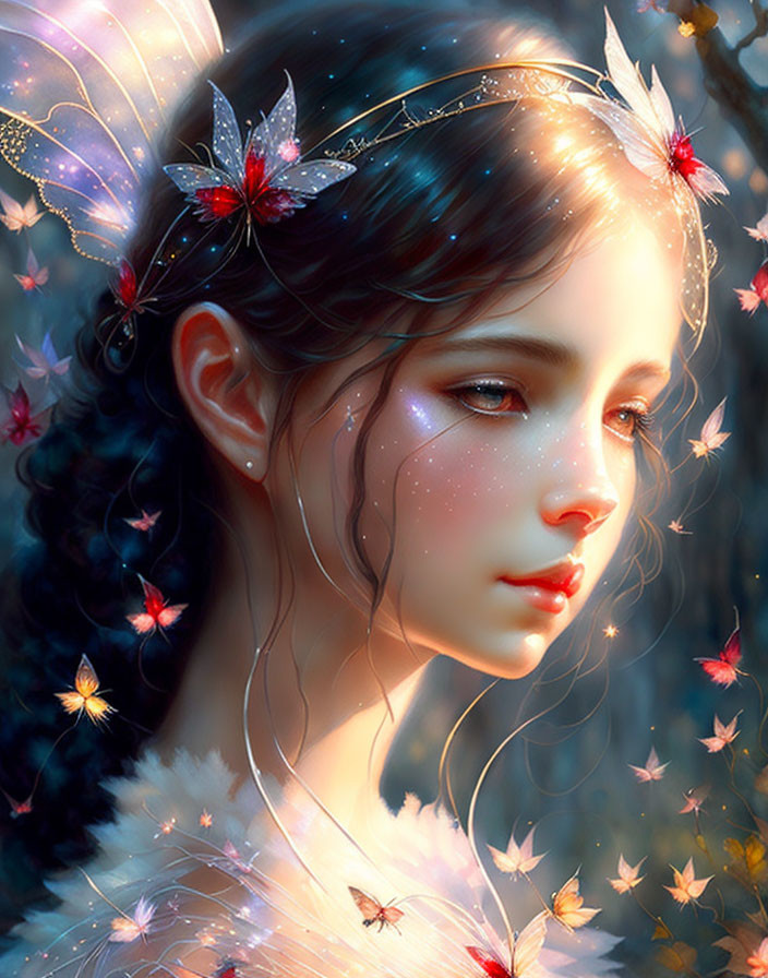 Fantasy digital artwork: Sparkling girl with butterflies and autumn leaves