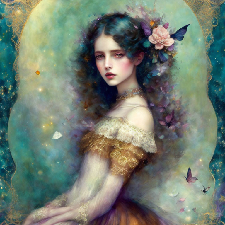 Portrait of young woman with porcelain skin, dark hair, blue eyes, surrounded by flowers and butterflies.