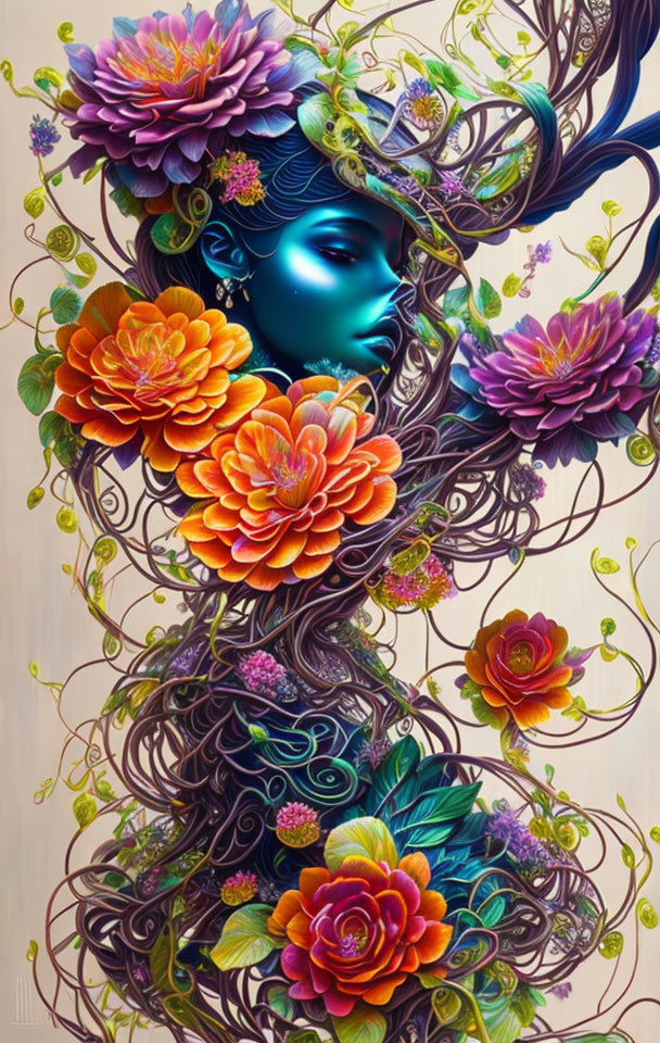 Colorful artwork featuring blue-faced figure with floral mane & dark vines