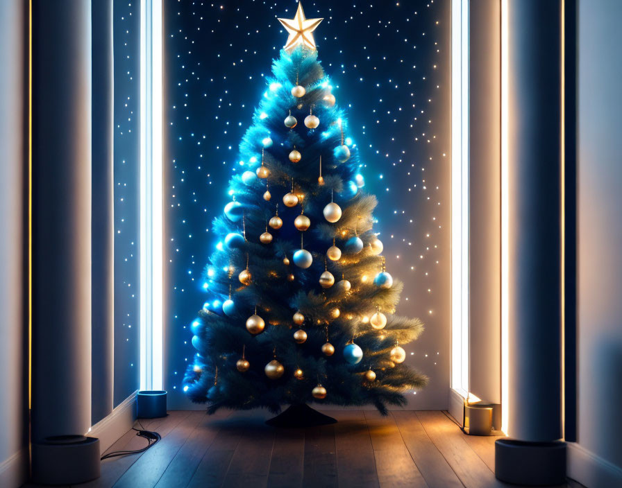 Blue and gold illuminated Christmas tree between curtains in dimly lit room