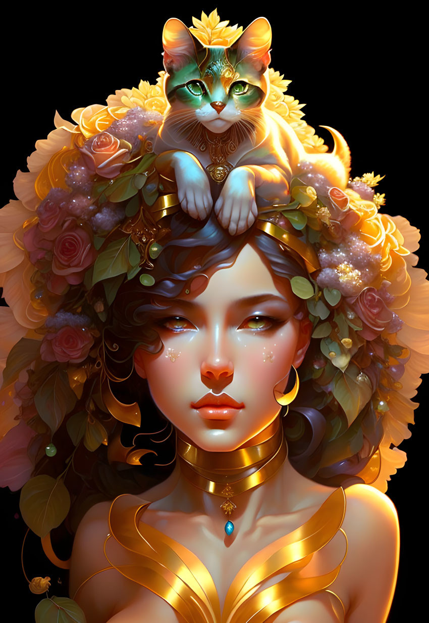 Stylized portrait: Woman with golden jewelry, floral adornments, holding a cat, in darkness