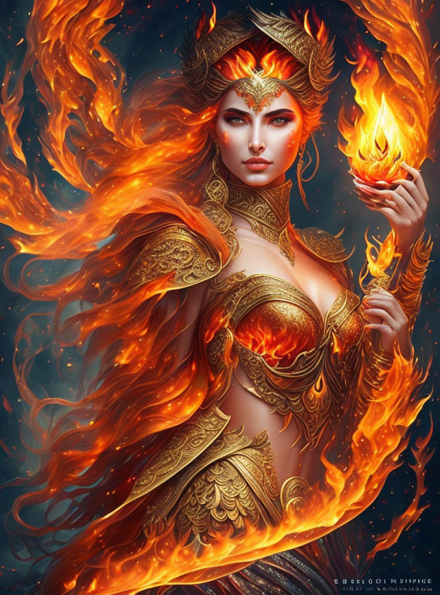 Fantasy illustration of woman in fiery armor with fireball.