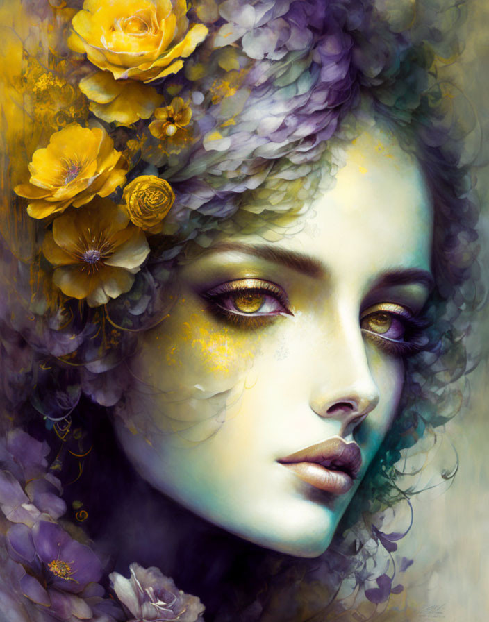 Digital painting of woman with violet and yellow flowers in hair and purple eye makeup