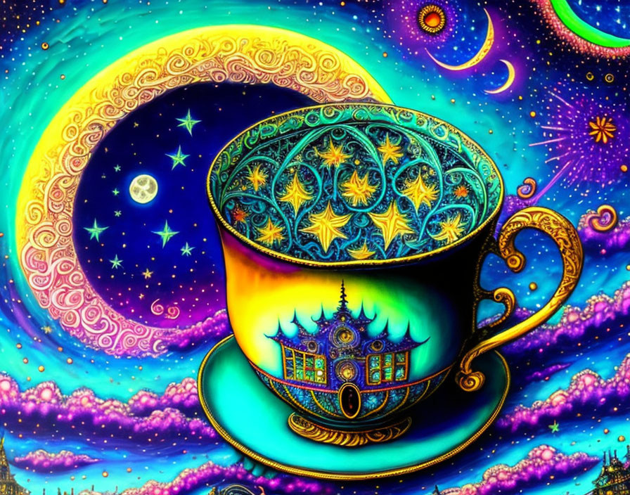 Colorful Psychedelic Artwork: Ornate Cup with Celestial Background