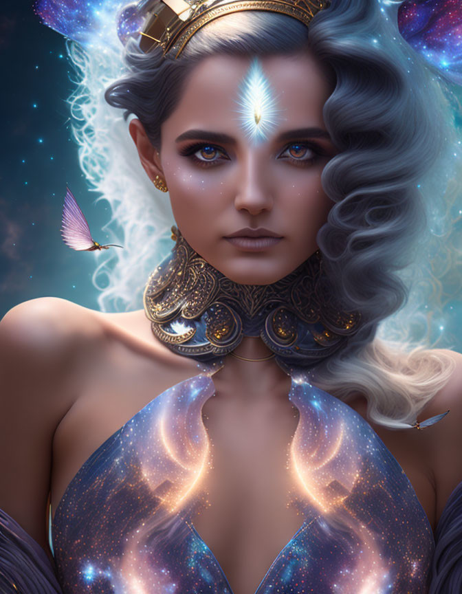 Mystical woman in cosmic attire with butterflies and celestial backdrop