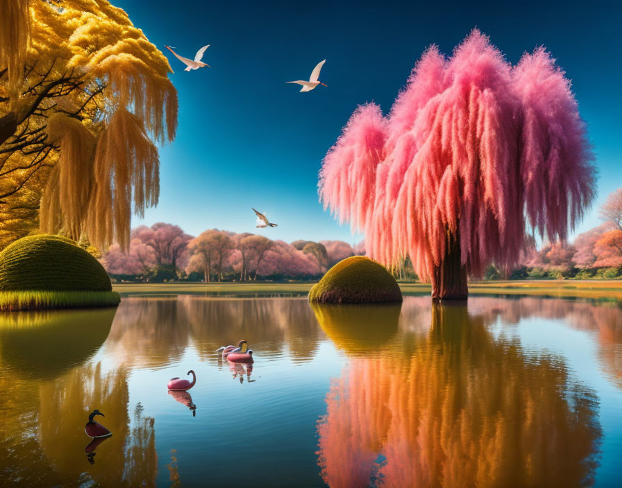 Colorful Flamingos and Birds in Vibrant Landscape