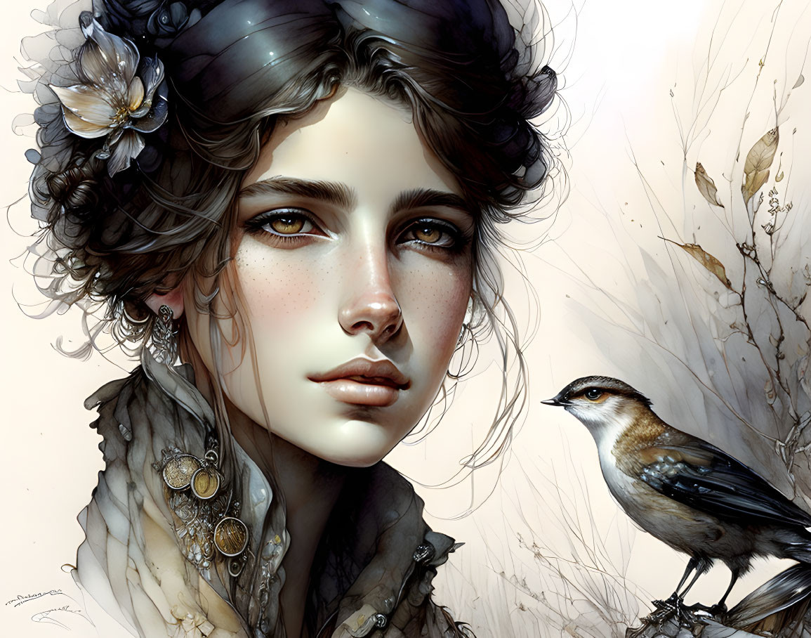 Detailed illustration of woman with jewelry and bird in floral setting