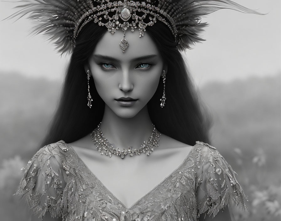 Monochrome image: Woman with striking blue eyes and ornate headdress