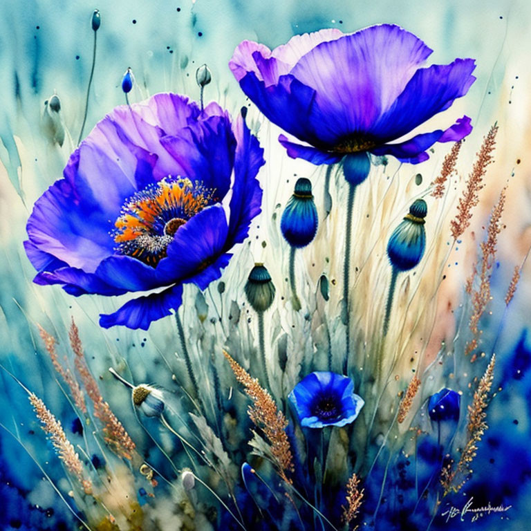 Colorful Watercolor Painting of Blue Poppies and Grasses on Speckled Blue Background