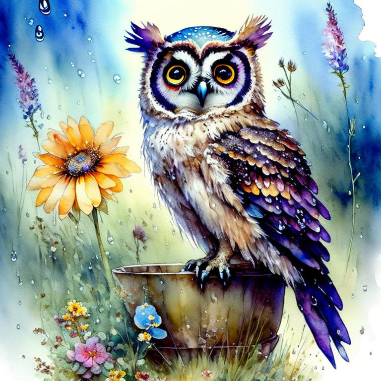 Colorful Owl Perched on Bucket with Orange Flower and Water Drops