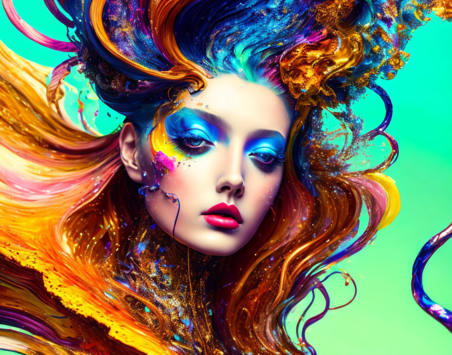 Colorful portrait of woman with multicolored hair and artistic makeup on turquoise backdrop