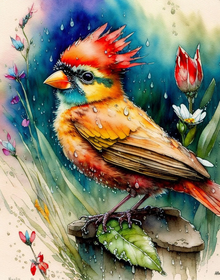 Colorful Watercolor Painting of Whimsical Bird on Leaf with Flowers