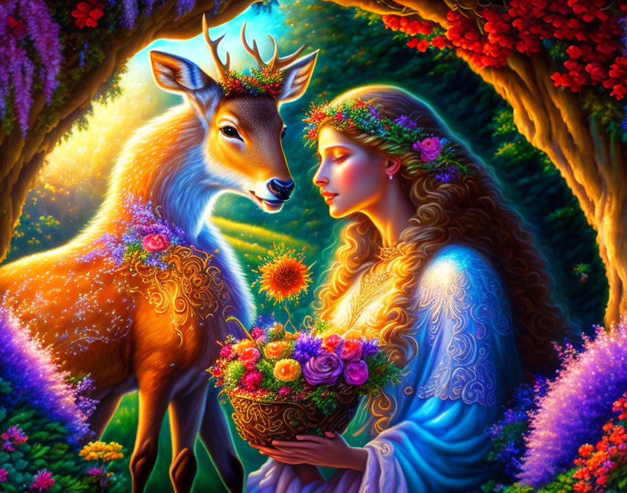 Woman in Blue Robe with Flowers Holds Basket, Deer with Floral Crown in Enchanted Forest