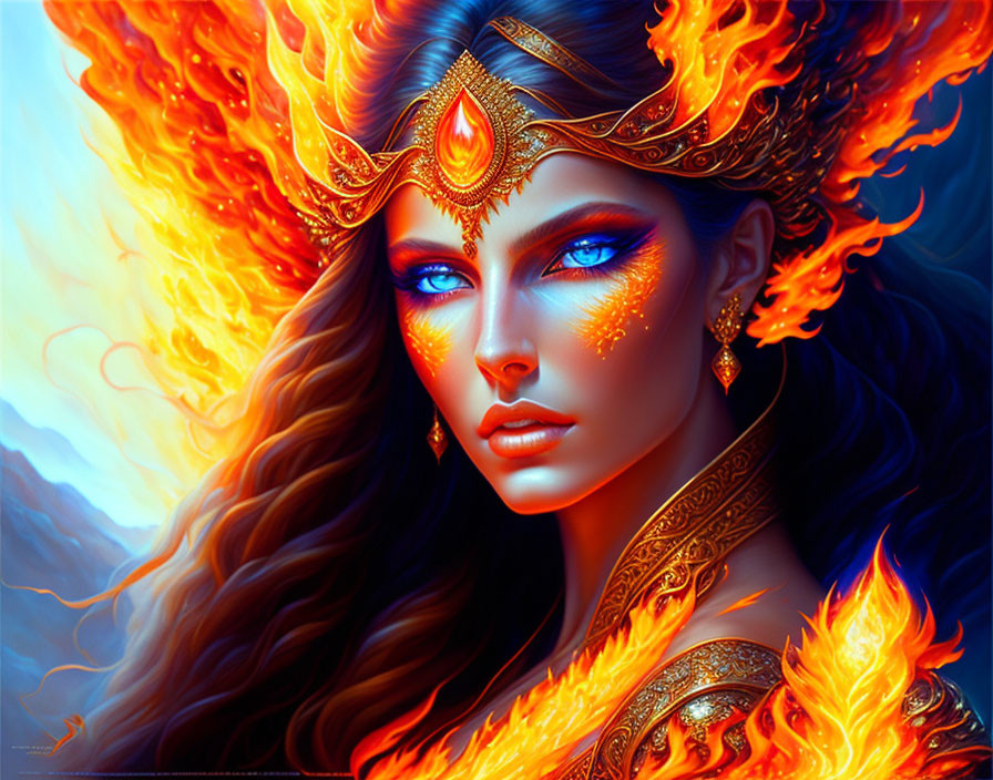 Fantasy illustration of a woman with fiery orange crown and clothing, vibrant blue eyes, and golden jewelry