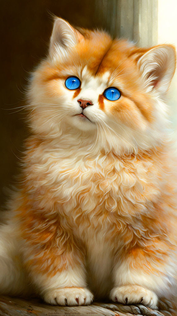 Fluffy Orange and White Cat with Blue Eyes Sitting and Gazing Upwards