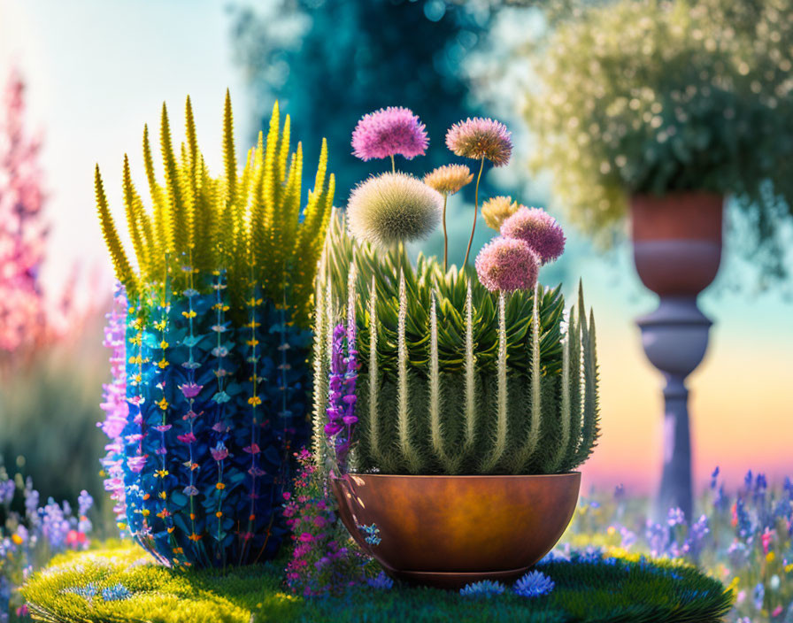 Colorful garden plants arranged in a bowl under soft sunlight