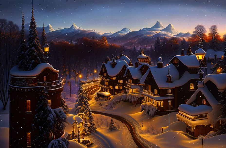 Snow-covered wintry night scene with houses, streets, trees, and mountains under starry sky.