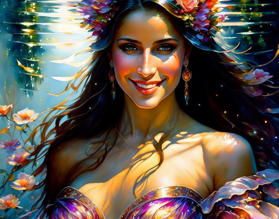 Colorful digital portrait of a smiling woman with floral adornments and ornate dress