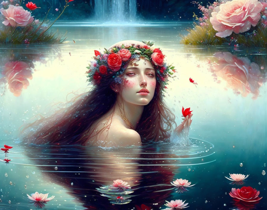 Woman with floral wreath floating in water among blooming roses and ripples