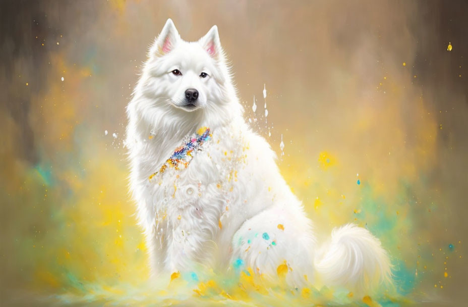 Fluffy White Dog Surrounded by Colorful Paint Splatters